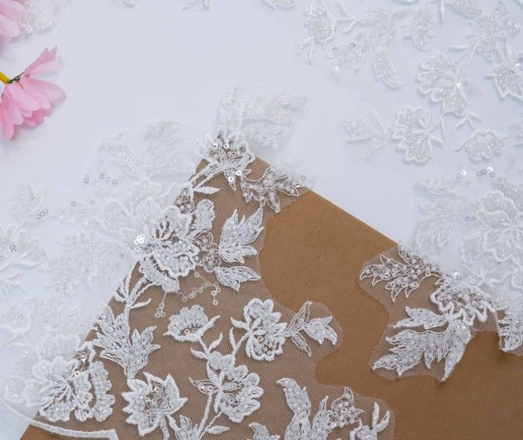 1 Yard Pair White Sequined Beaded Corded Embroidered 3D Floral Bridal Lace Trim Applique Material XB139
