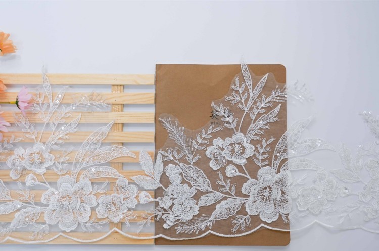 1 Yard Pair White Sequined Beaded Corded Embroidered 3D Floral Bridal Lace Trim Applique Material XB148C