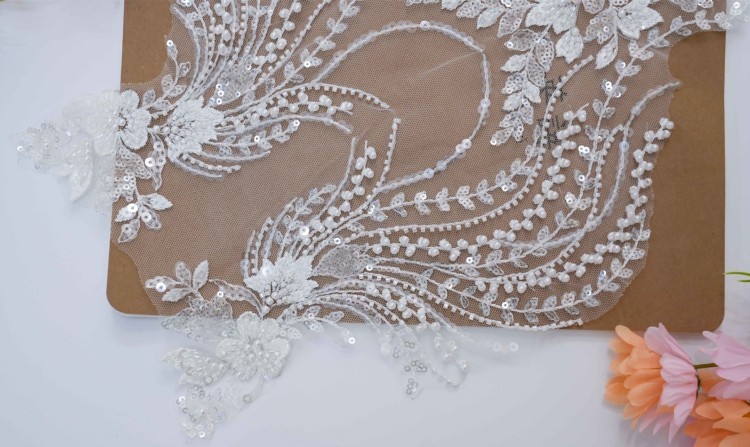 1 Yard Pair White Sequined Beaded Corded Embroidered 3D Floral Bridal Lace Trim Applique Material XB143