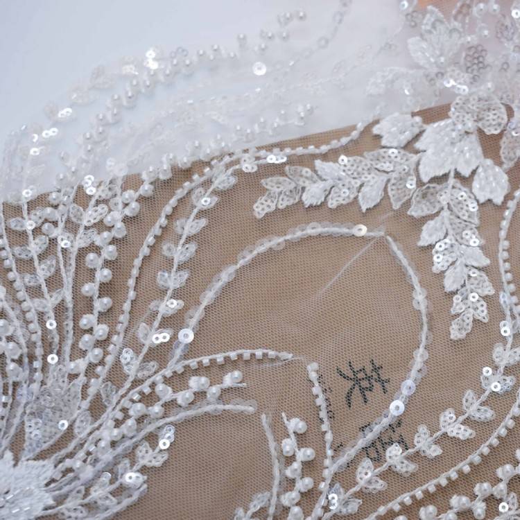 1 Yard Pair White Sequined Beaded Corded Embroidered 3D Floral Bridal Lace Trim Applique Material XB143
