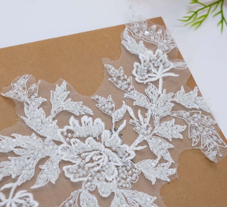 1 Yard Pair White Sequined Beaded Corded Embroidered 3D Floral Bridal Lace Trim Applique Material XB139B