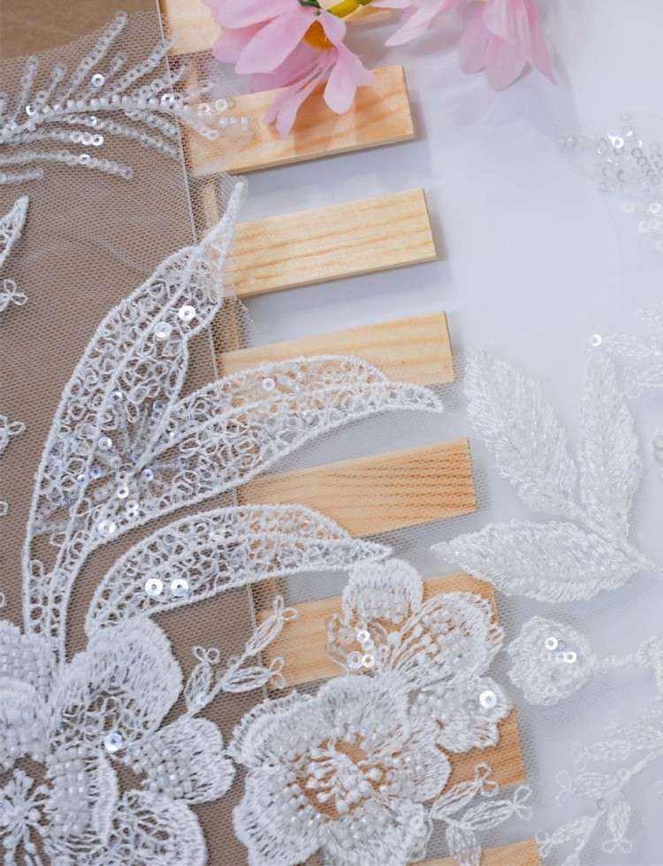 1 Yard Pair White Sequined Beaded Corded Embroidered 3D Floral Bridal Lace Trim Applique Material XB148