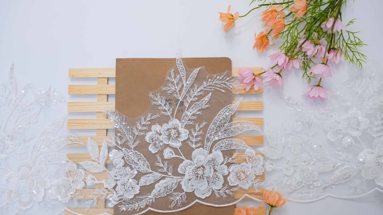 1 Yard Pair White Sequined Beaded Corded Embroidered 3D Floral Bridal Lace Trim Applique Material XB148