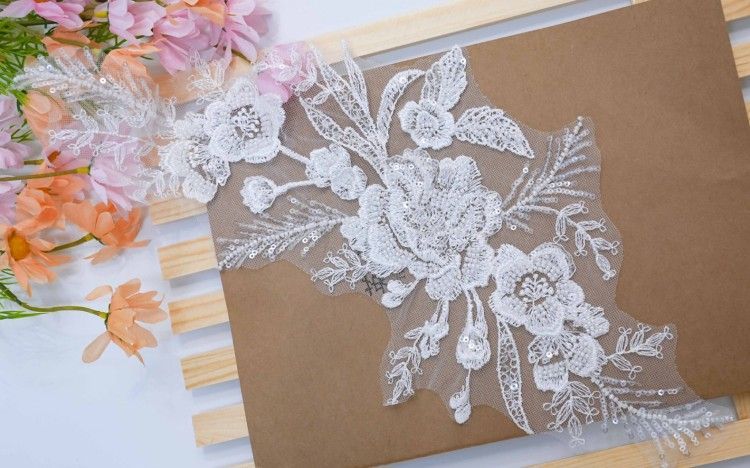 1 Yard Pair White Sequined Beaded Corded Embroidered 3D Floral Bridal Lace Trim Applique Material XB148