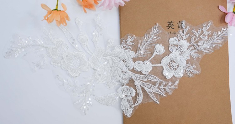 1 Yard Pair White Sequined Beaded Corded Embroidered 3D Floral Bridal Lace Trim Applique Material XB148B