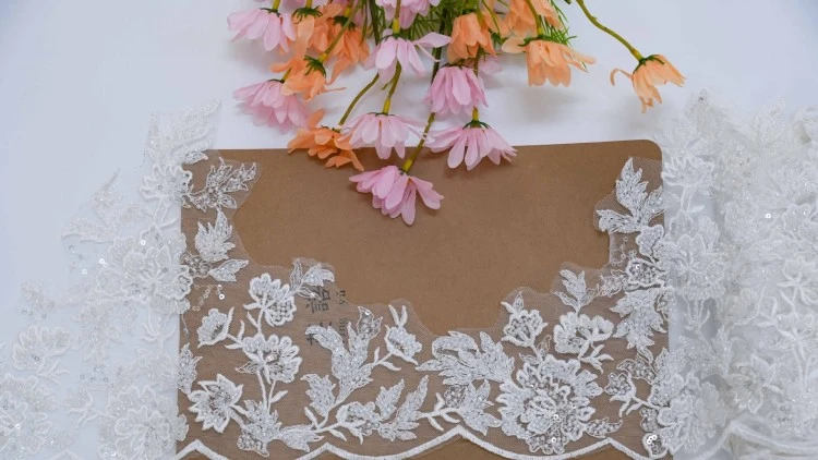 1 Yard Pair White Sequined Beaded Corded Embroidered 3D Floral Bridal Lace Trim Applique Material XB139C
