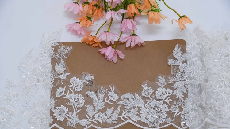 1 Yard Pair White Sequined Beaded Corded Embroidered 3D Floral Bridal Lace Trim Applique Material XB139C