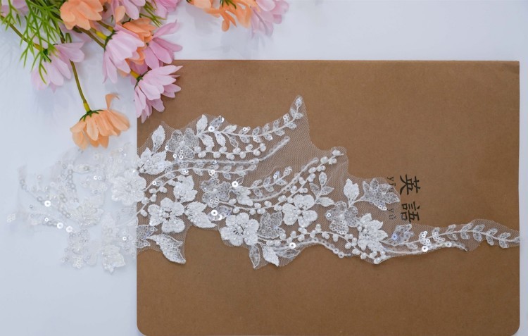 10 Pieces White Sequined Beaded Embroidered Bridal Lace Applique Material XB143B