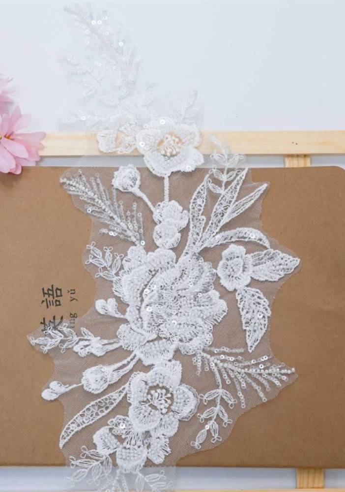 1 Yard Pair White Sequined Beaded Corded Embroidered 3D Floral Bridal Lace Trim Applique Material XB148