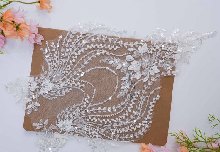 1 Yard Pair White Sequined Beaded Corded Embroidered 3D Floral Bridal Lace Trim Applique Material XB143
