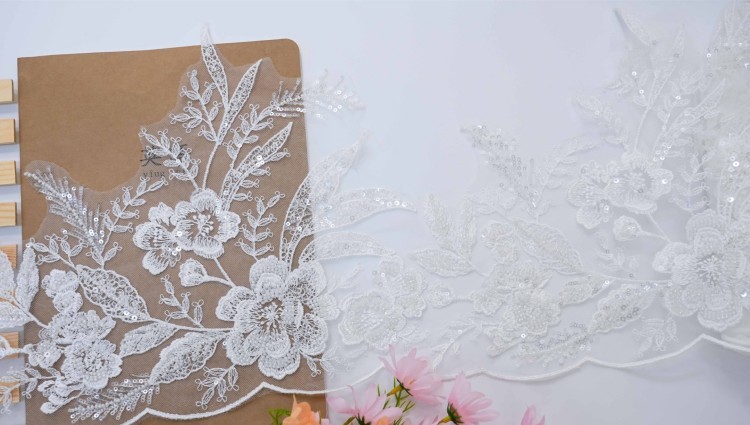 1 Yard Pair White Sequined Beaded Corded Embroidered 3D Floral Bridal Lace Trim Applique Material XB148C