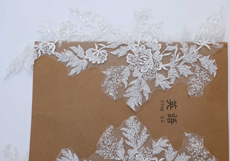 1 Yard Pair White Sequined Beaded Corded Embroidered 3D Floral Bridal Lace Trim Applique Material XB139B