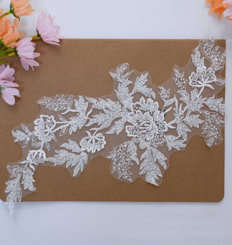 1 Yard Pair White Sequined Beaded Corded Embroidered 3D Floral Bridal Lace Trim Applique Material XB139B
