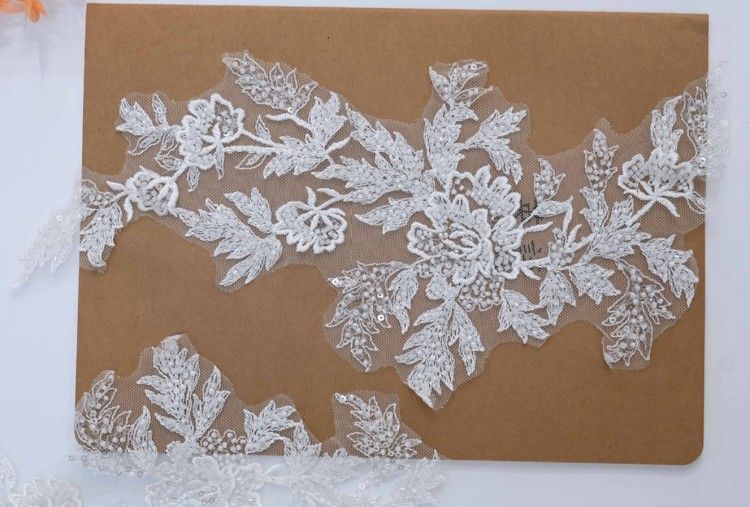 1 Yard Pair White Sequined Beaded Corded Embroidered 3D Floral Bridal Lace Trim Applique Material XB139B