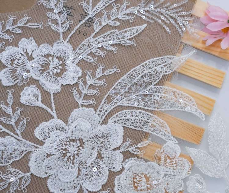 1 Yard Pair White Sequined Beaded Corded Embroidered 3D Floral Bridal Lace Trim Applique Material XB148