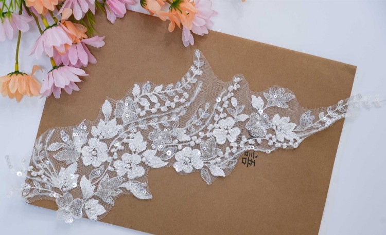 10 Pieces White Sequined Beaded Embroidered Bridal Lace Applique Material XB143B
