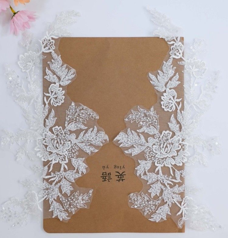 1 Yard Pair White Sequined Beaded Corded Embroidered 3D Floral Bridal Lace Trim Applique Material XB139B