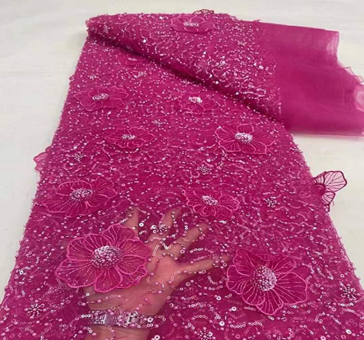 5 Yards Sequined Beaded Embroidered 3D Floral Lace Material Fabric HL013
