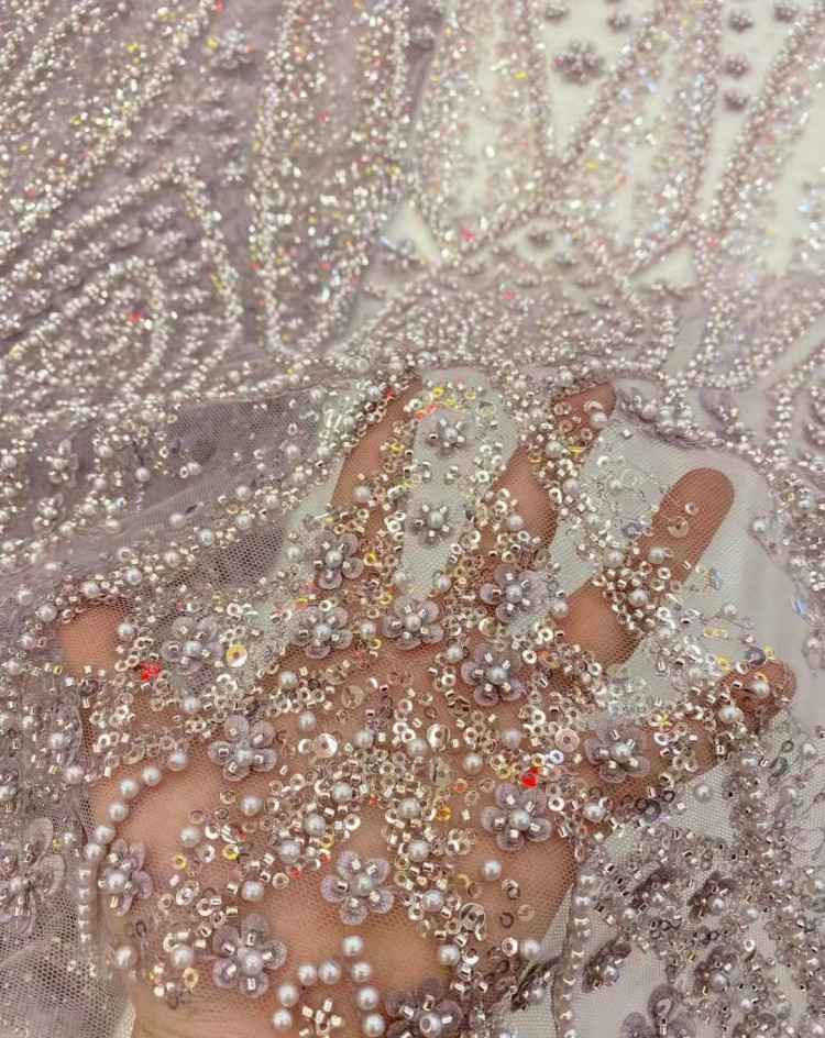5 Yards Sequined Beaded Embroidered 3D Floral Lace Material Fabric HL040