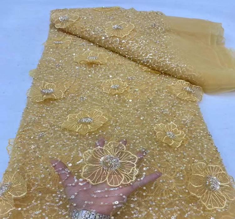5 Yards Sequined Beaded Embroidered 3D Floral Lace Material Fabric HL013