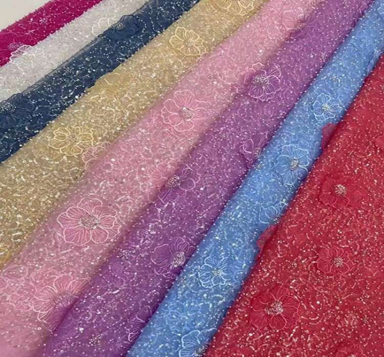 5 Yards Sequined Beaded Embroidered 3D Floral Lace Material Fabric HL013