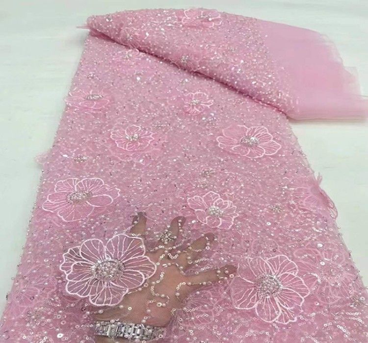 5 Yards Sequined Beaded Embroidered 3D Floral Lace Material Fabric HL013