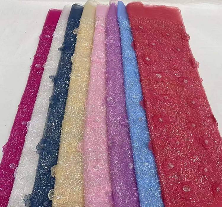 5 Yards Sequined Beaded Embroidered 3D Floral Lace Material Fabric HL013