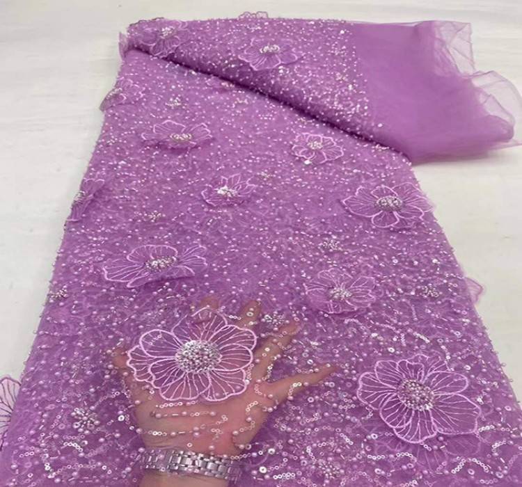 5 Yards Sequined Beaded Embroidered 3D Floral Lace Material Fabric HL013