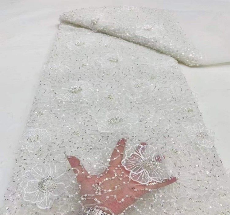 5 Yards Sequined Beaded Embroidered 3D Floral Lace Material Fabric HL013