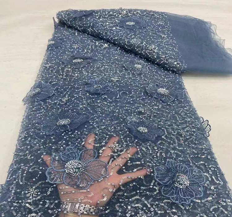 5 Yards Sequined Beaded Embroidered 3D Floral Lace Material Fabric HL013