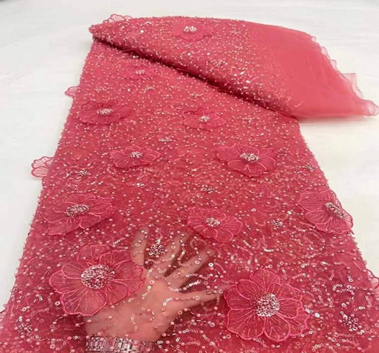 5 Yards Sequined Beaded Embroidered 3D Floral Lace Material Fabric HL013