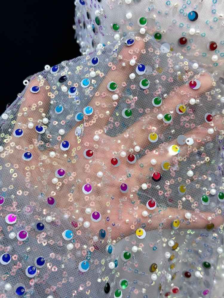 5 Yards Sequined Beaded Embroidered 3D Floral Lace Material Fabric HN002