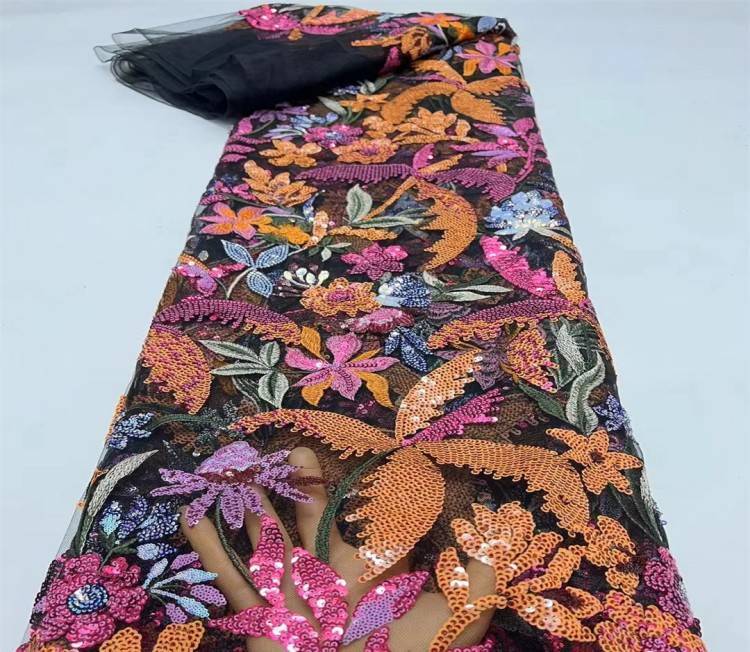 5 Yards Multi-Color Sequined Beaded Embroidered Lace Material Fabric JX307