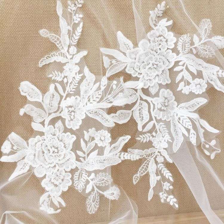 1 Yard Piece Pair White Corded Sequined Beaded Embroidered Guipure Bridal Lace Trim Applique Material Fabric SX190