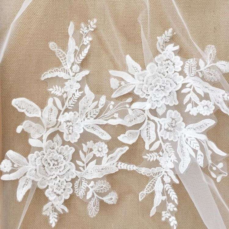 1 Yard Piece Pair White Corded Sequined Beaded Embroidered Guipure Bridal Lace Trim Applique Material Fabric SX190