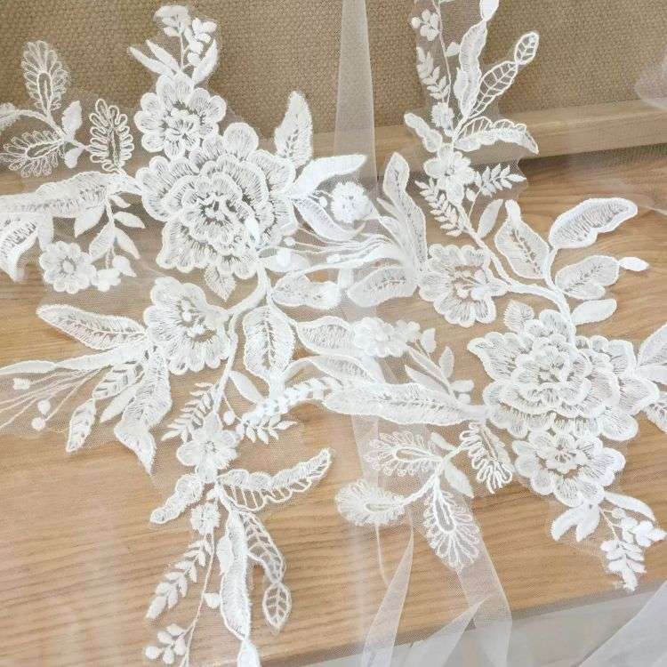 1 Yard Piece Pair White Corded Sequined Beaded Embroidered Guipure Bridal Lace Trim Applique Material Fabric SX190