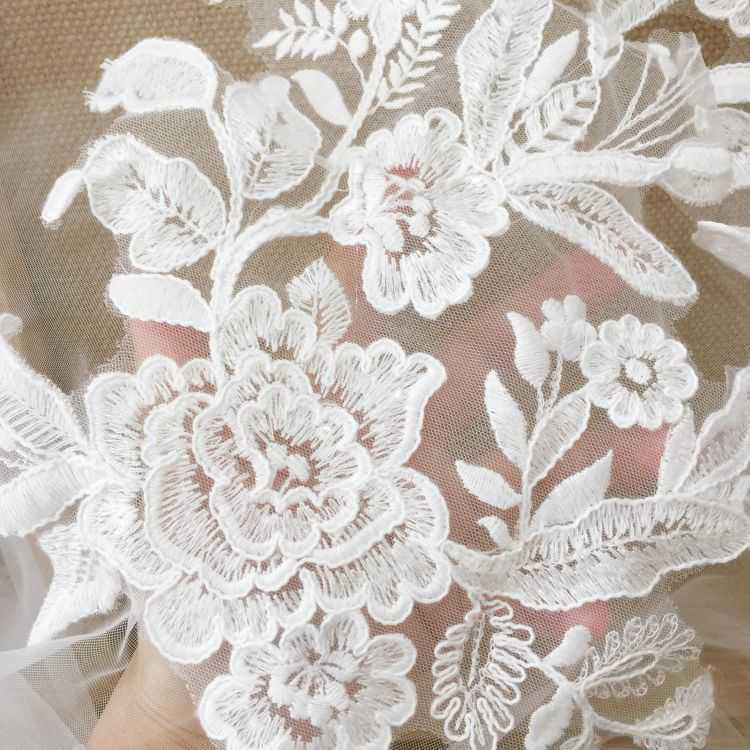 1 Yard Piece Pair White Corded Sequined Beaded Embroidered Guipure Bridal Lace Trim Applique Material Fabric SX190