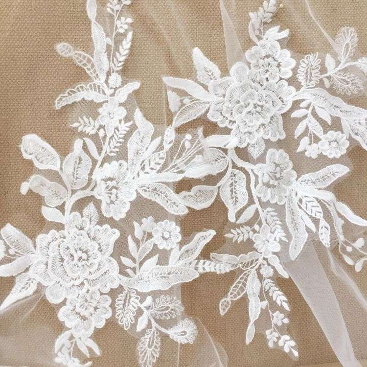 1 Yard Piece Pair White Corded Sequined Beaded Embroidered Guipure Bridal Lace Trim Applique Material Fabric SX190
