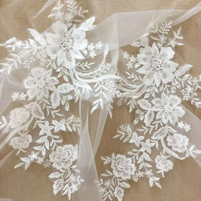1 Pair White Embroidered Cotton Bridal Lace Applique Material