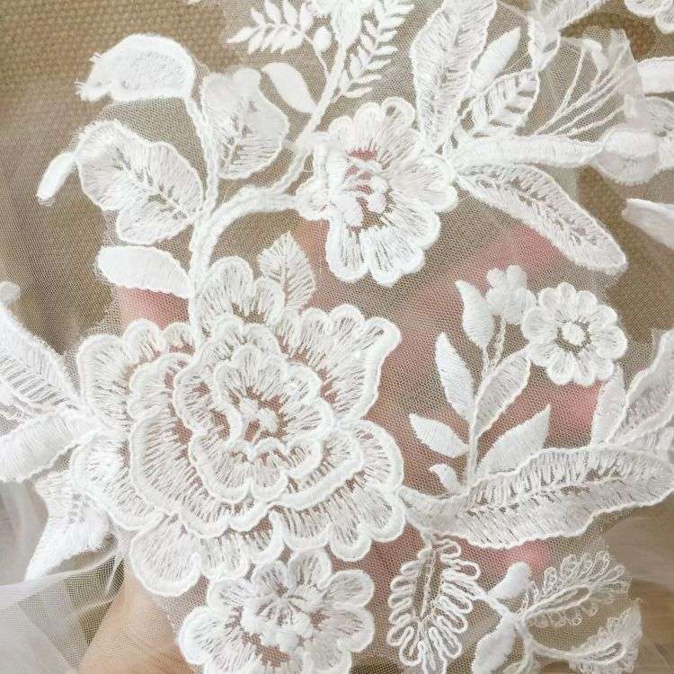 1 Yard Piece Pair White Corded Sequined Beaded Embroidered Guipure Bridal Lace Trim Applique Material Fabric SX190