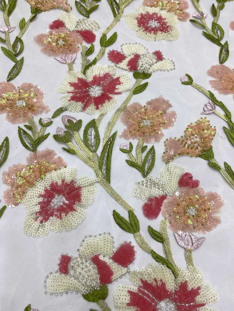 1 Yard Multi-Color Sequined Beaded Embroidered Lace Material Fabric