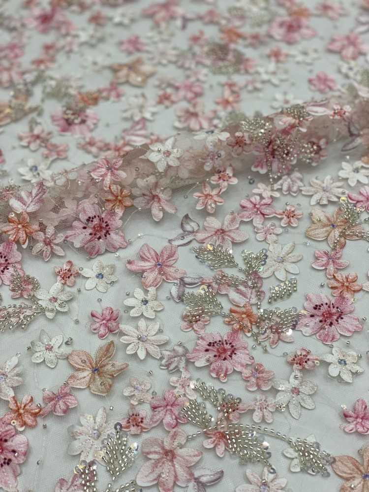 1 Yard Multi-Color Printed Beaded Embroidered Lace Material Fabric