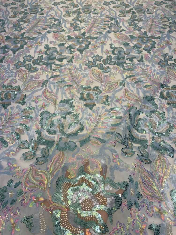 1 Yard Multi-Colored Sequins Lace Material Fabric