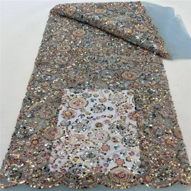 5 Yards Multi-Color Beaded Lace Material Fabric