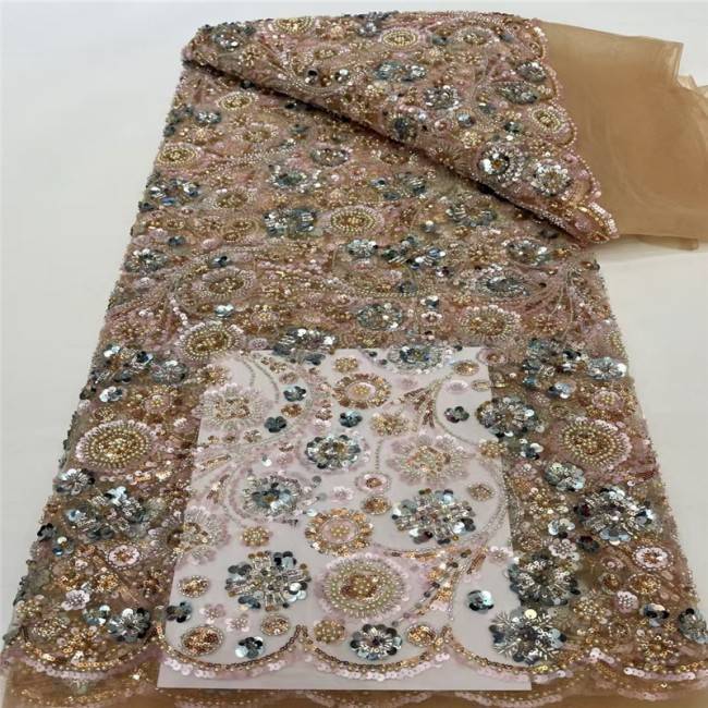 5 Yards Multi-Color Beaded Lace Material Fabric