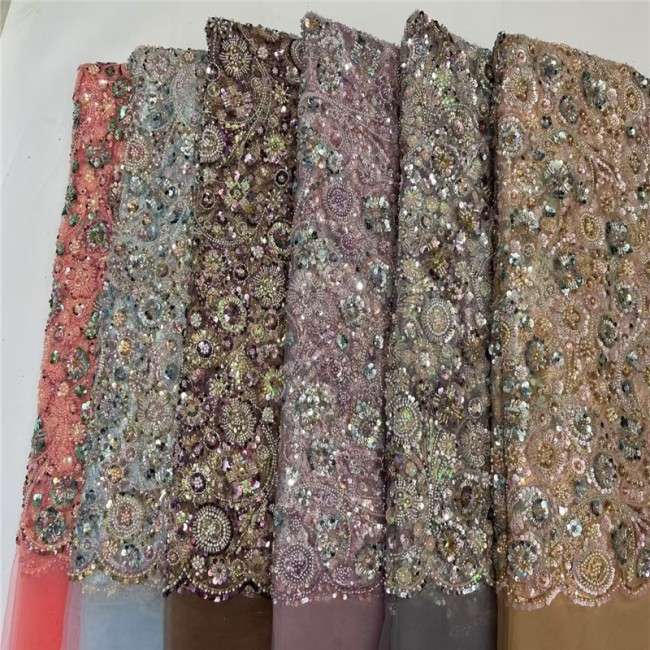5 Yards Multi-Color Beaded Lace Material Fabric
