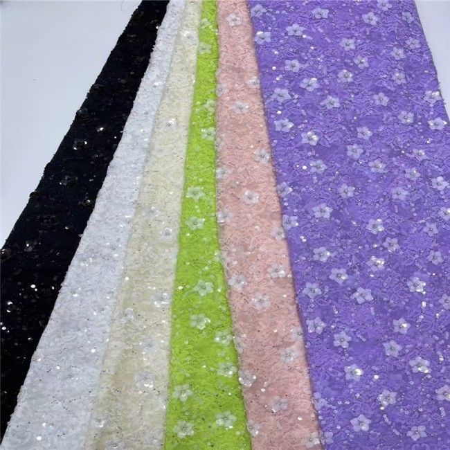5 Yards Multi-Color Colorful Rainbow Sequined Beaded Embroidered 3D Floral Lace Material Fabric JLT040