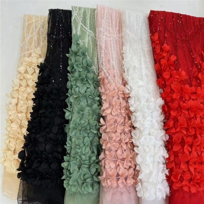 5 Yards Multi-Color Colorful Rainbow Sequined Beaded Embroidered 3D Floral Lace Material Fabric JLT047