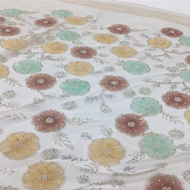 5 Yards Multi-Color Colorful Rainbow Sequined Beaded Embroidered 3D Floral Lace Material Fabric JLT059