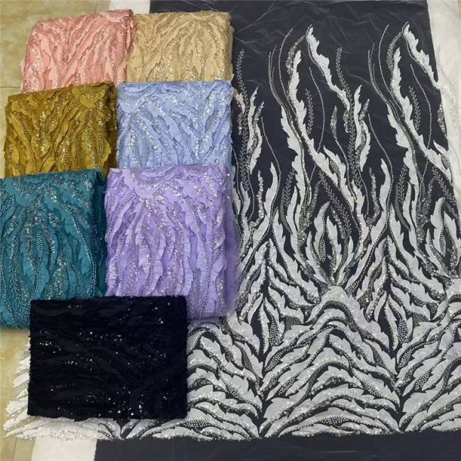 5 Yards Multi-Color Colorful Rainbow Sequined Beaded Embroidered 3D Floral Lace Material Fabric JLT085
